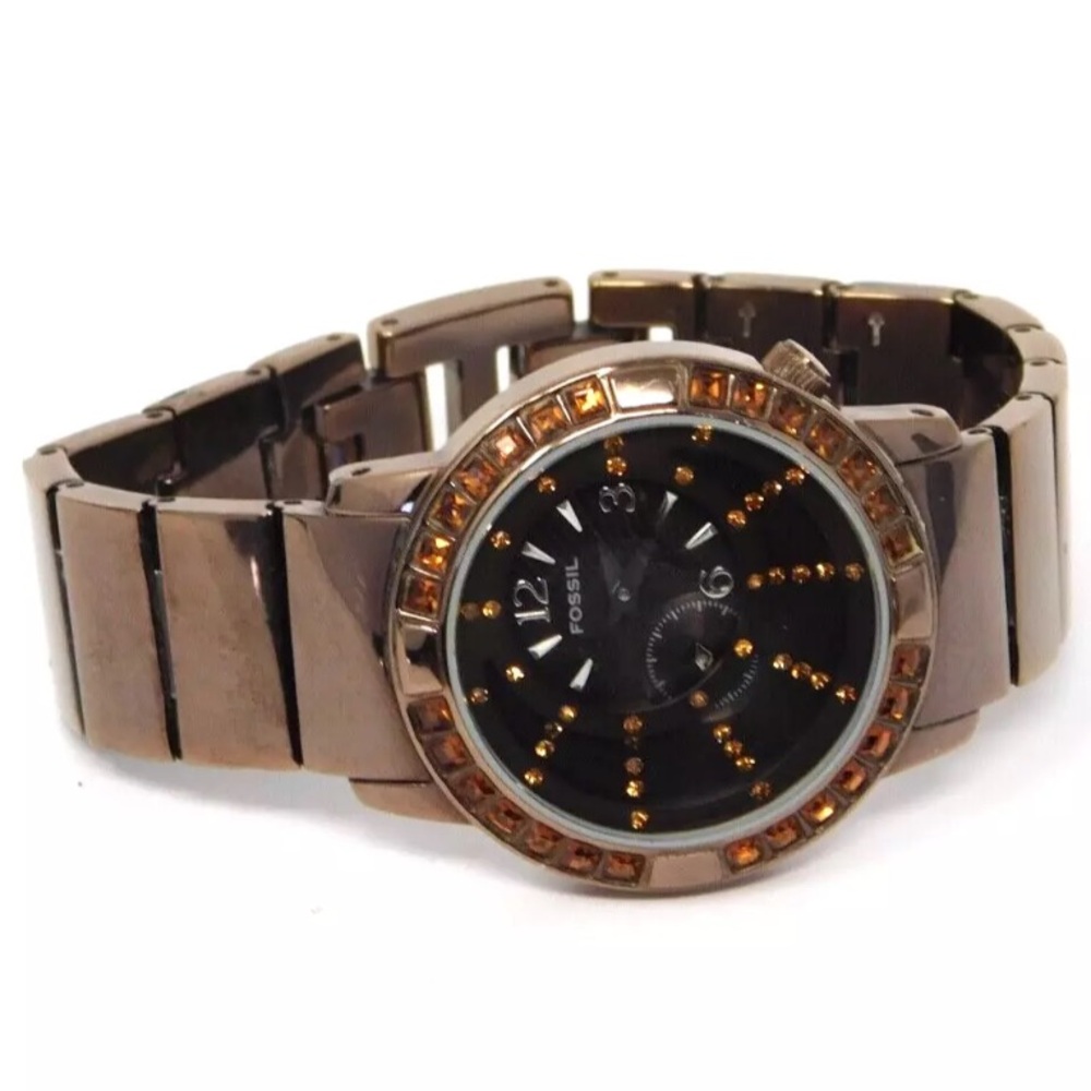 Fossil Women’s Watch F2 ES 1861 Crystal Pave Bezel Amber Gemstone Set Brown 5.5"